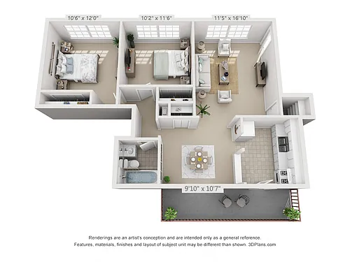 Floor plan 2 Bedroom, 1 Bath C (Patio/Balcony)