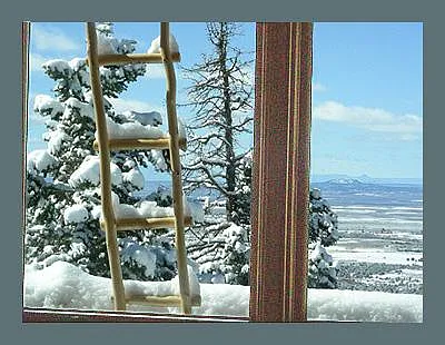 Panoramic view of one of 5 windows looking west while in the main bedroom - from the bed! In the distance see Tres Orejas (3 peaks) and the Pedernal in Abiquiu at 72 miles.