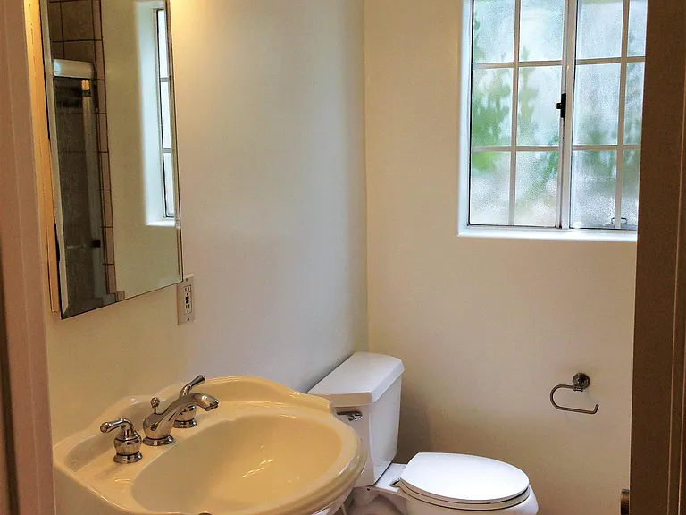 hall bathroom, with pedestal sink