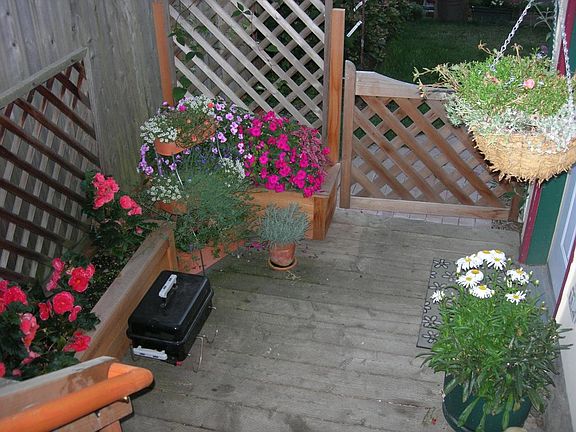 cottage deck has covered area and barbecue