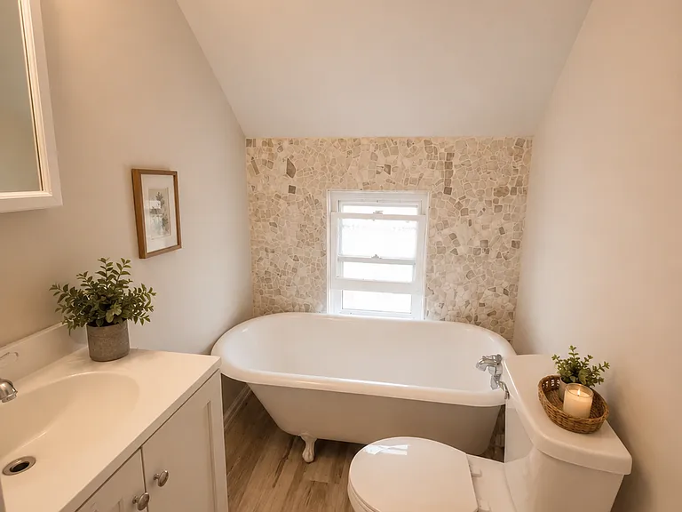 One bathroom. Decor for staging purposes only. This is an unfurnished home