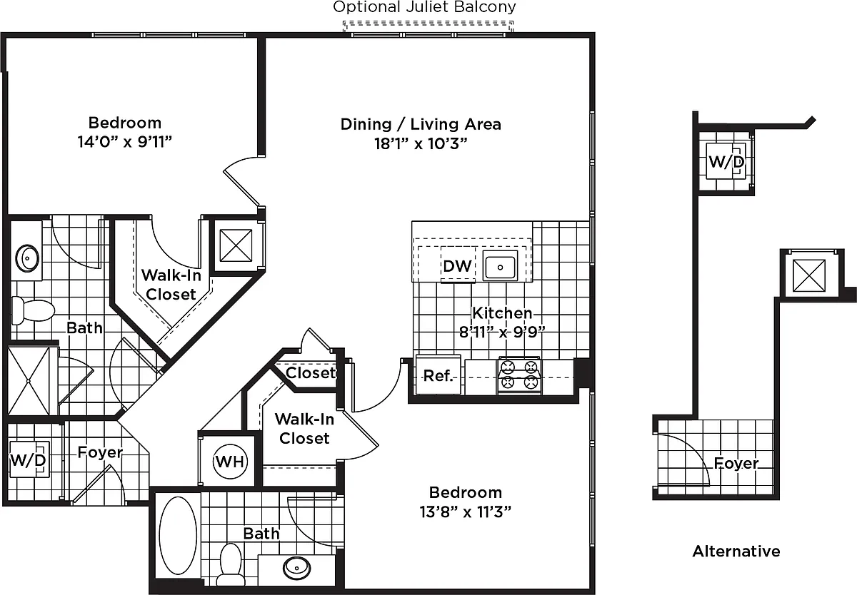 Floor plan 2 Bedroom 2 Bath - B13 Affordable 80%
