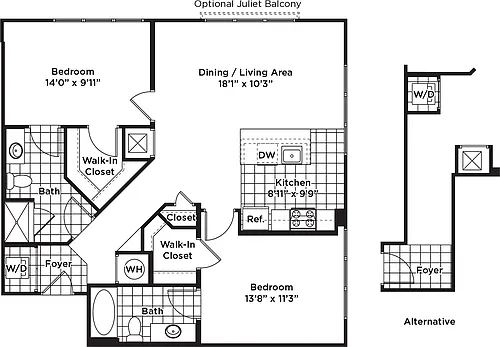 Floor plan 2 Bedroom 2 Bath - B13 Affordable 80%