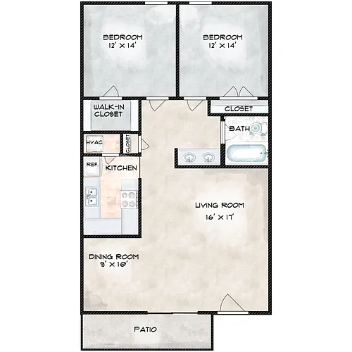 Floor plan 2 Bed, 1 Bath (60% Income Restricted)