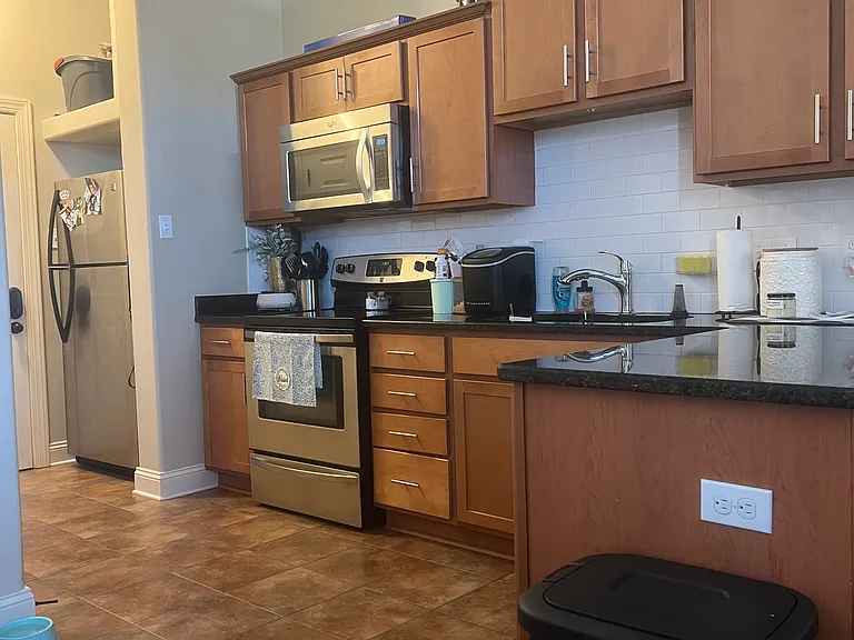 A view of the kitchen from the living room.