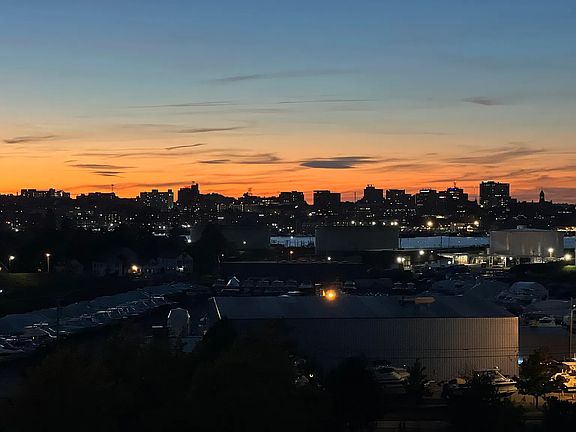 Portland skyline and harbor views at sunset from the deck!