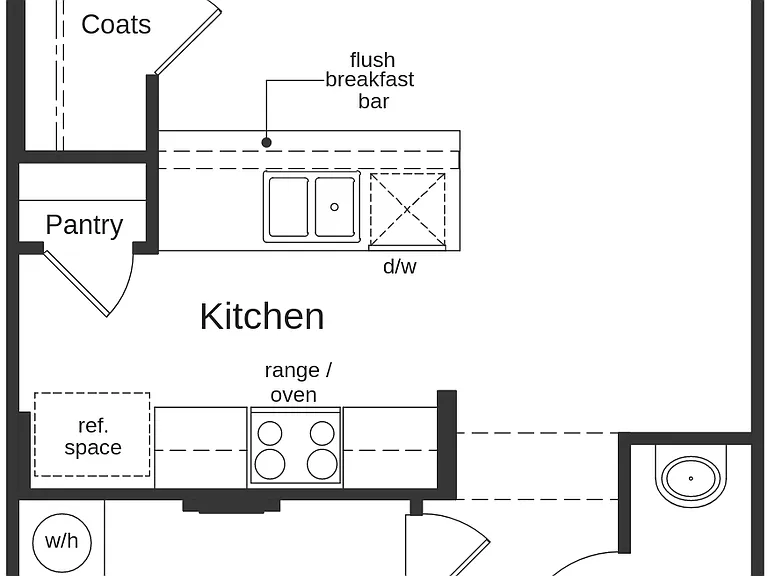 First-floor layout showing open kitchen, great room, powder room, and attached garage for easy, functional living.