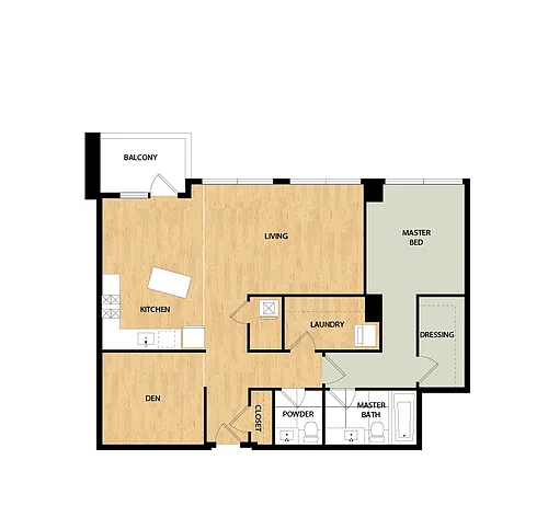 Floor plan Sidecar 1 Bed/1.5 Bath Den-Hawthorne