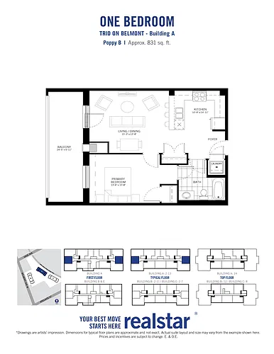 Floor plan 1 Bed 1 Bath (Poppy B)