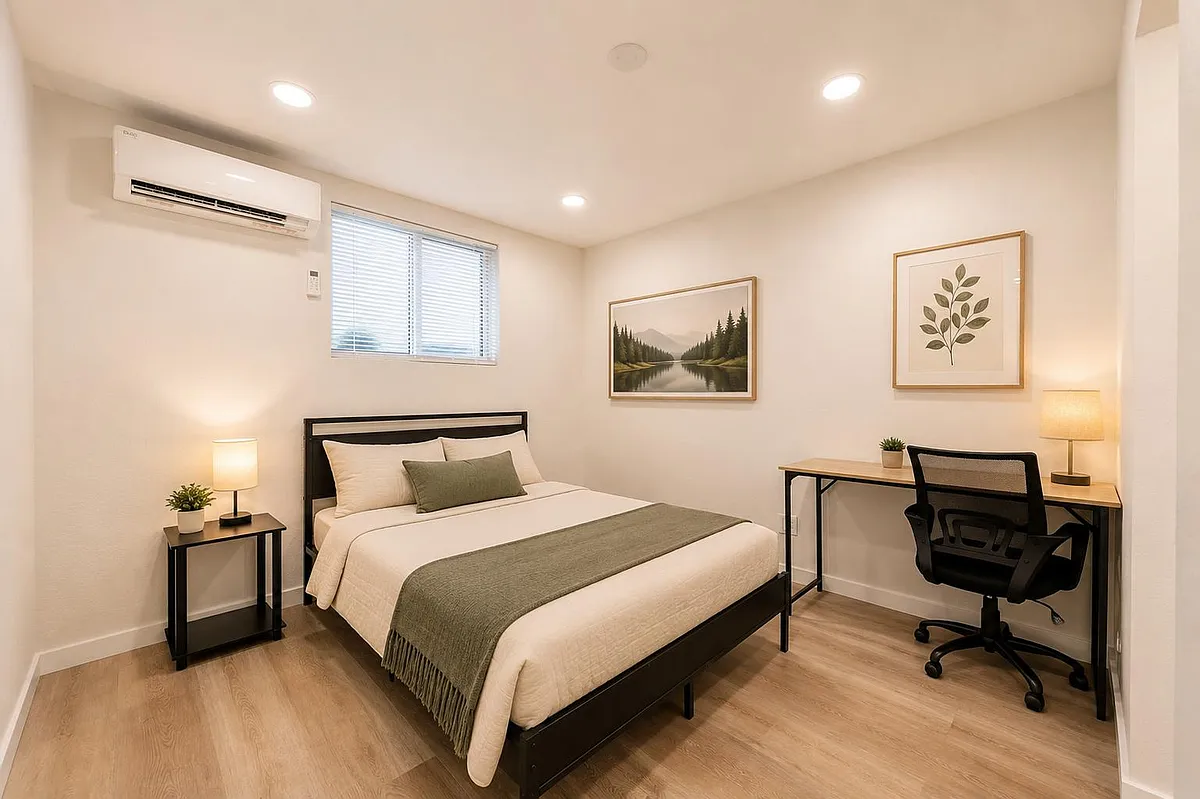 Photo 1 of 8 - W Granada Rd - Phoenix, AZ Private bedroom with a furnished full bed, nightstand, and dedicated desk, plus recessed lighting and window blinds. - W Granada Rd