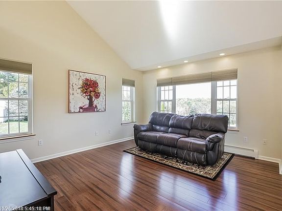 Cathedral ceiling with skylight and Bamboo hardwood flooring in the living room.