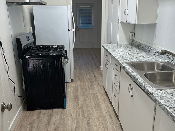 New range and laminate countertop.