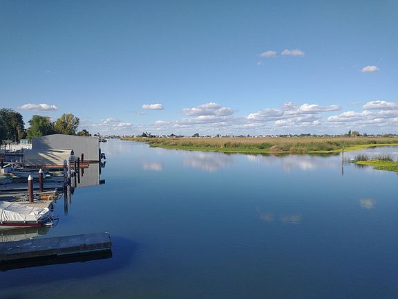 view north from dock showing fast water channel on right