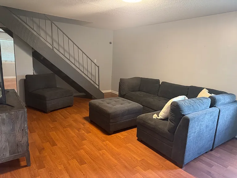 Living room with sofa and TV with media cabinet