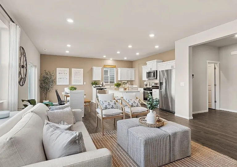 Builders inspiration images, kitchen & living. Open door on right hallway is the bathroom.