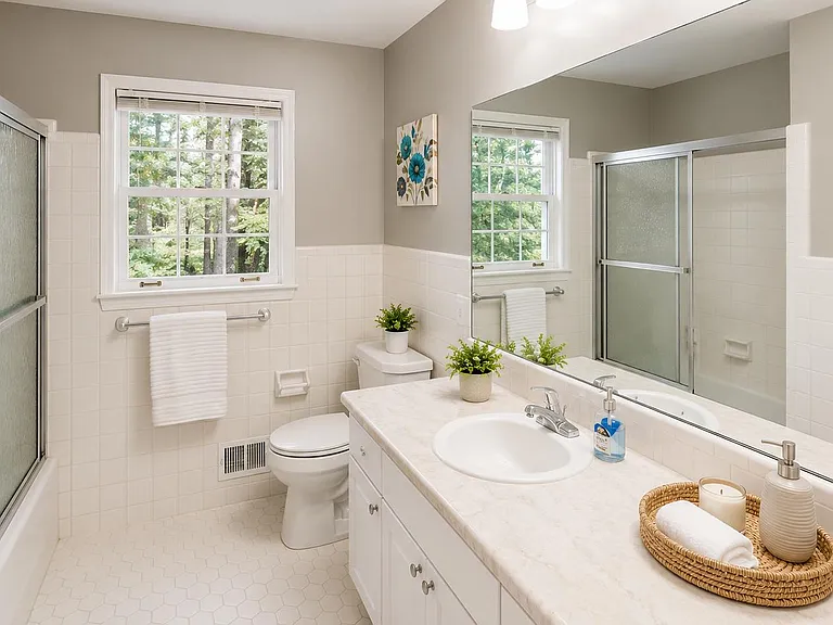 Spacious full bath with long vanity, large mirror, and tub/shower combo, plus a window for natural light and ventilation.
