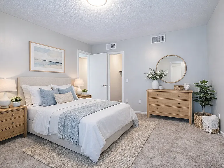 Calm neutral bedroom with cozy accents