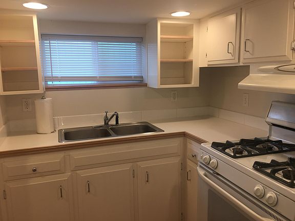 Kitchen with gas stove and refrigerator