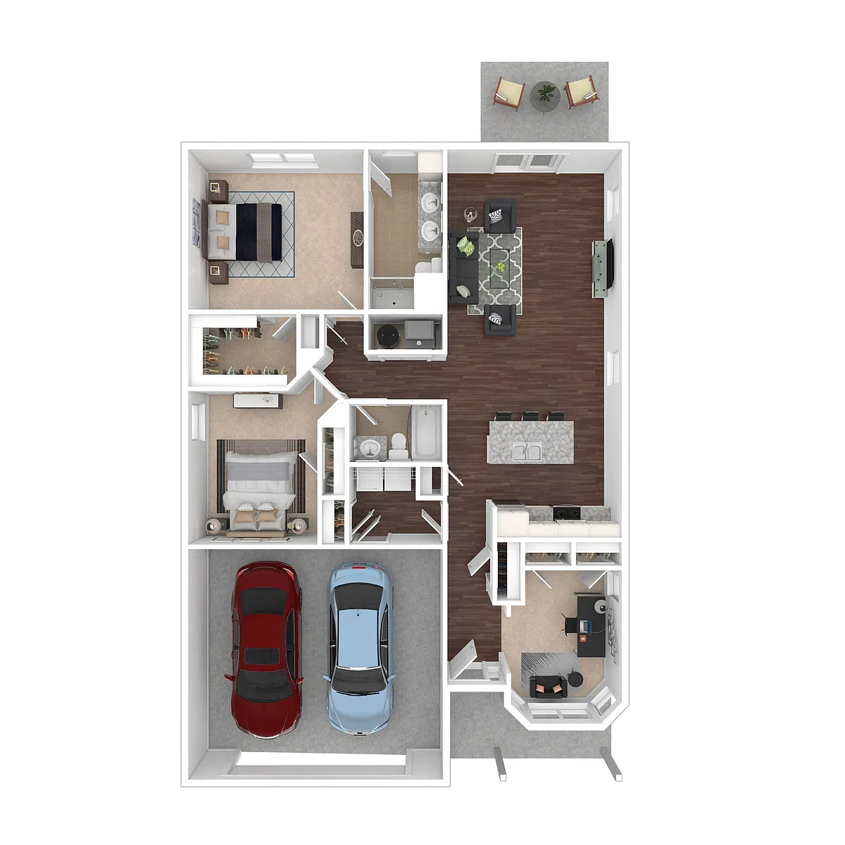 Floor plan 2 Bed/2 Bath Townhome with Den and Kitchen Island