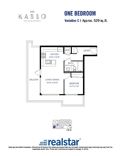 Floor plan 388 Kaslo East Village 1 Bed 1 Bath C