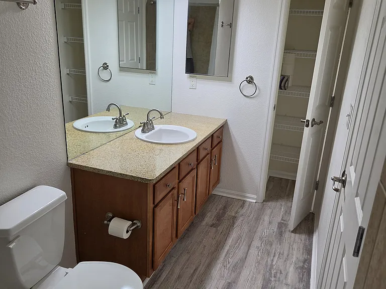 Primary bathroom, with large vanity, linen closet, vinyl floor