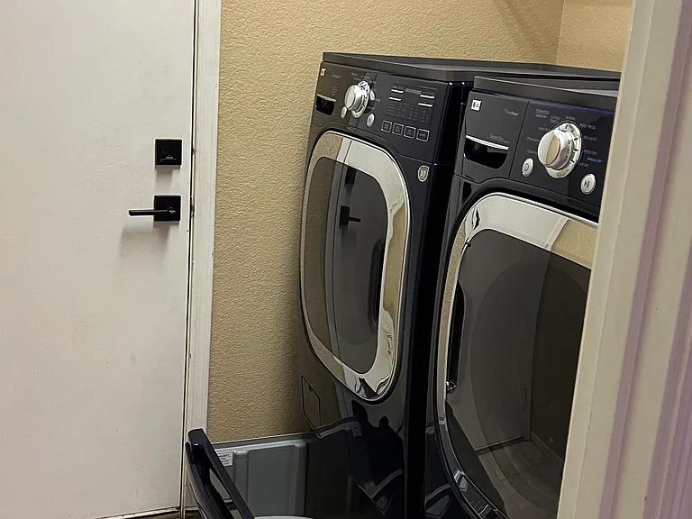 hallway entrance into laundry room and enterance to garage, hi capacity washer and dryer with drawer pedestals for extra storage and ease of use