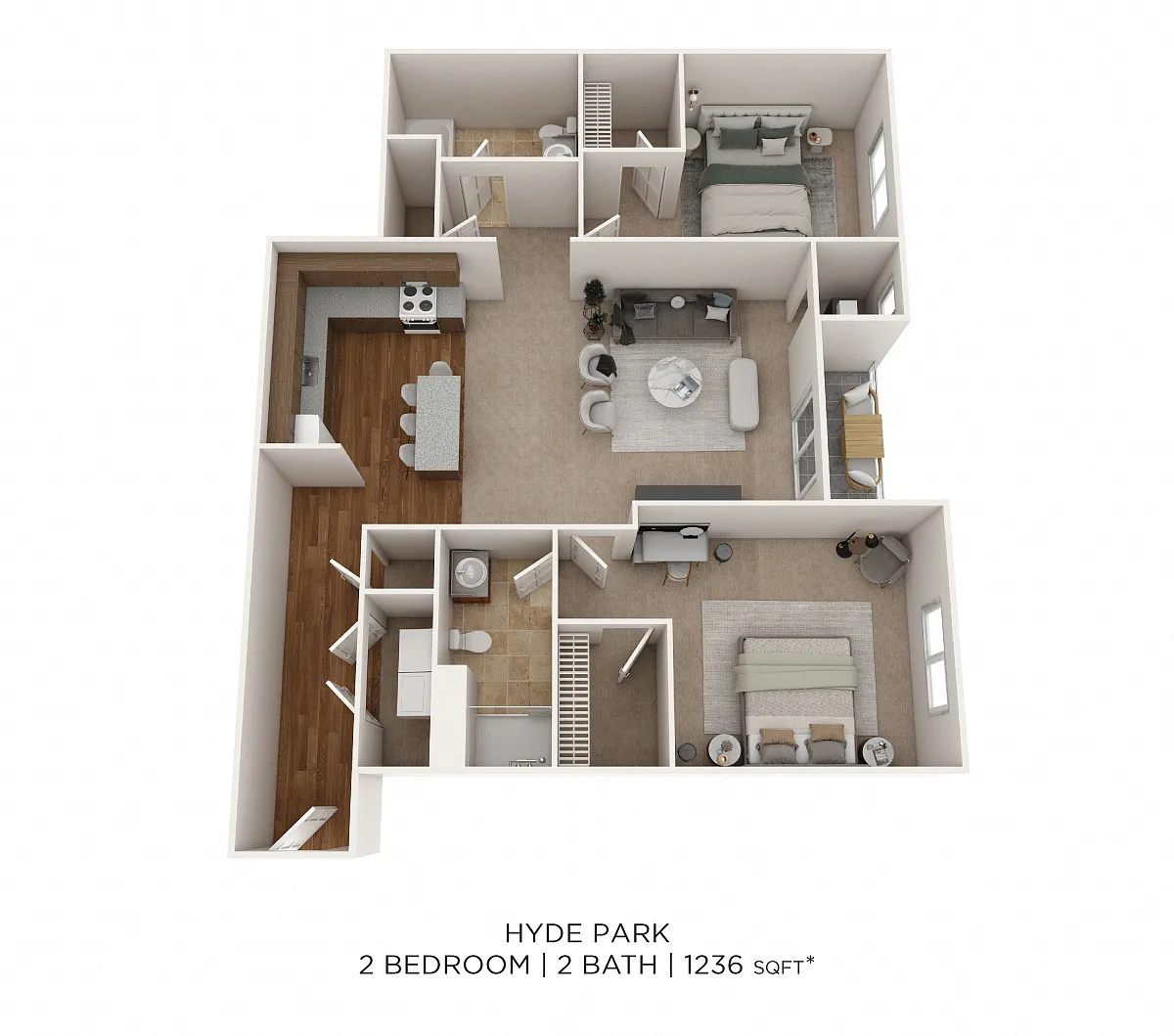 Floor plan Two Bedroom 2 Bath- 1236 sqft