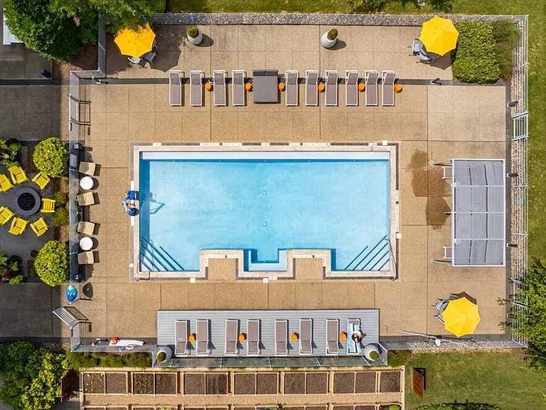 Drone view of pool and deck area