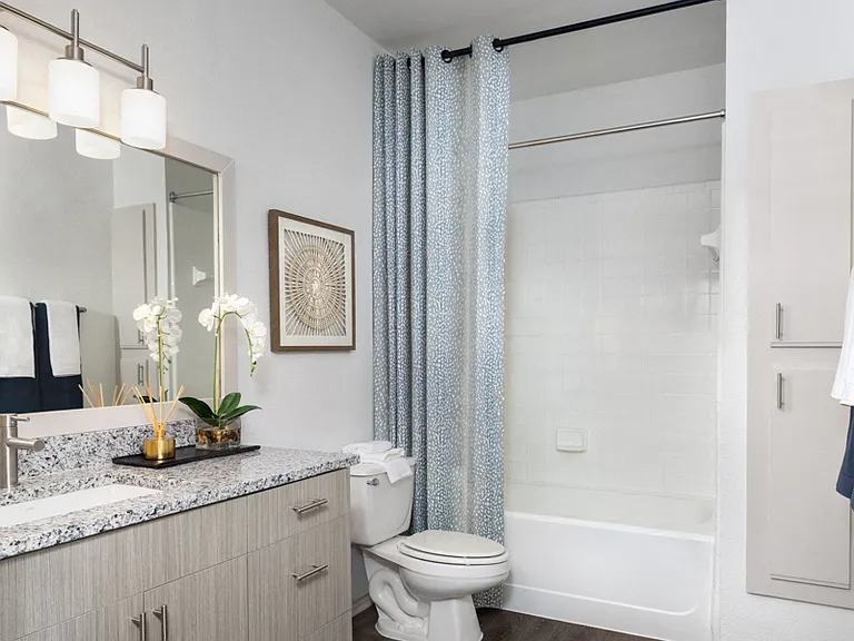 Wood grain cabinets and framed mirrors