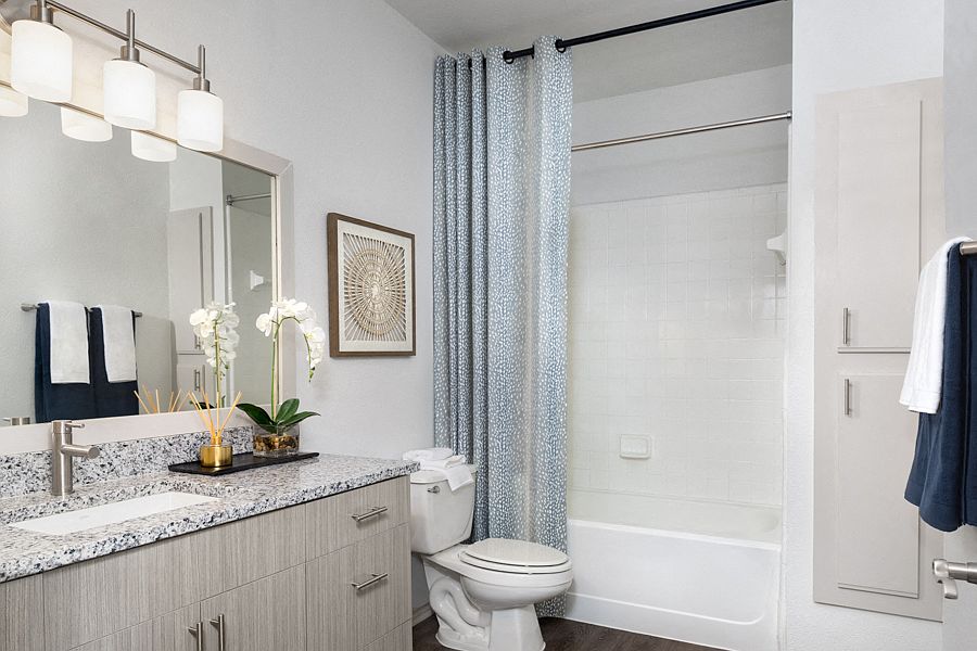 Wood grain cabinets and framed mirrors