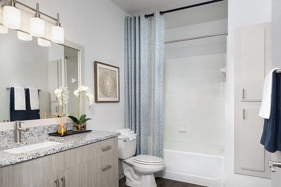 Wood grain cabinets and framed mirrors