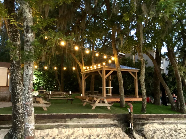 Outdoor patio at LJ Schooners Restaurant down the road