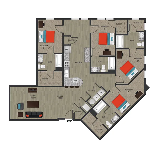 Floor plan D3 - Private Bedroom in 4x4