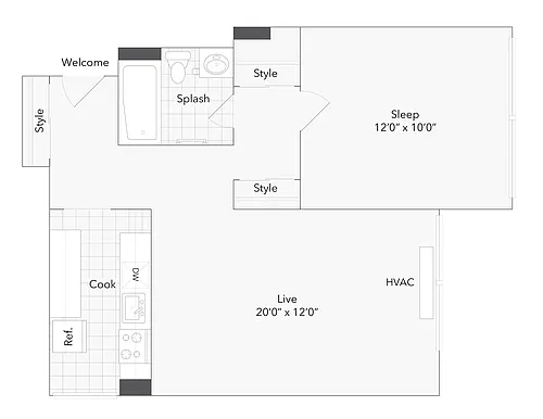 Floor plan 1 BR x 1 BA - D