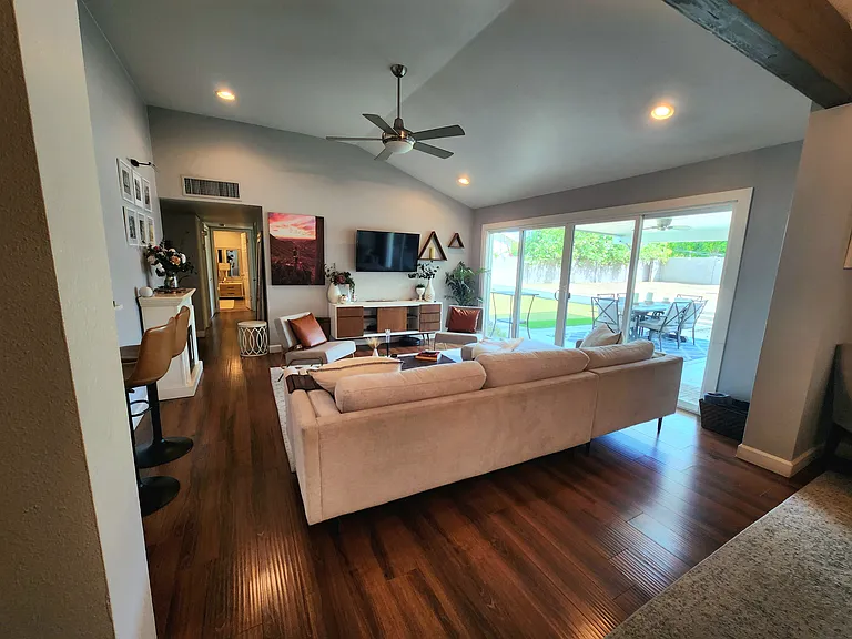 Dining Room connects to living room, which opens to outdoor living area
