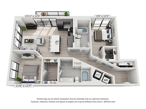 Floor plan Two Bedroom Two Bath Penthouse (1,211 SF)