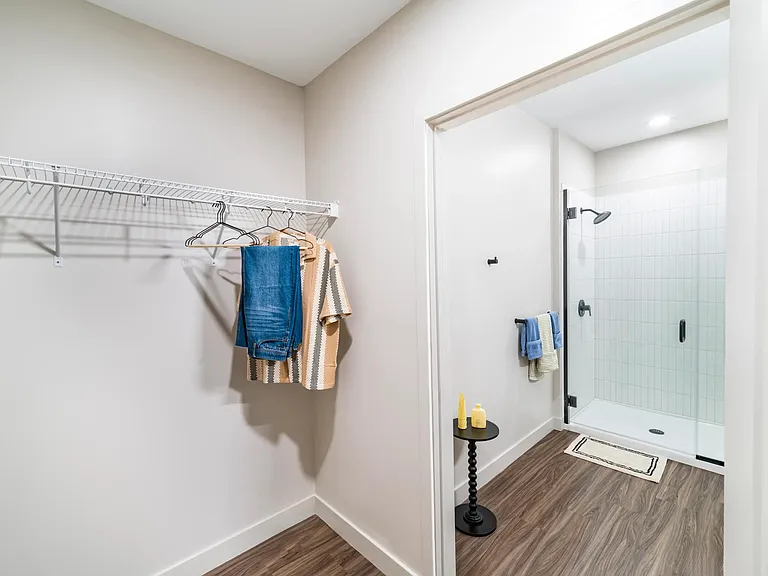 This layout pairs an oversized closet with a spa-style bathroom featuring a sleek, glass-enclosed shower.