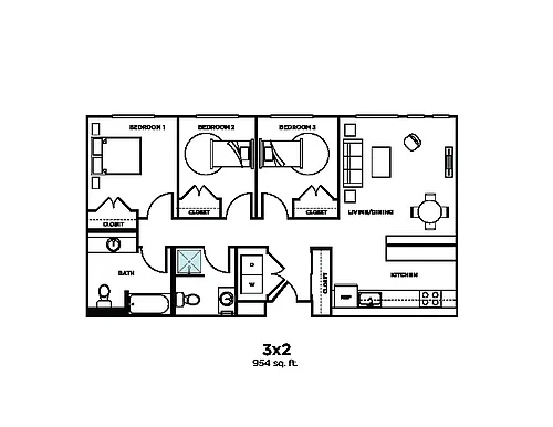 Floor plan 3BD, 2BTH A 50% and 60%