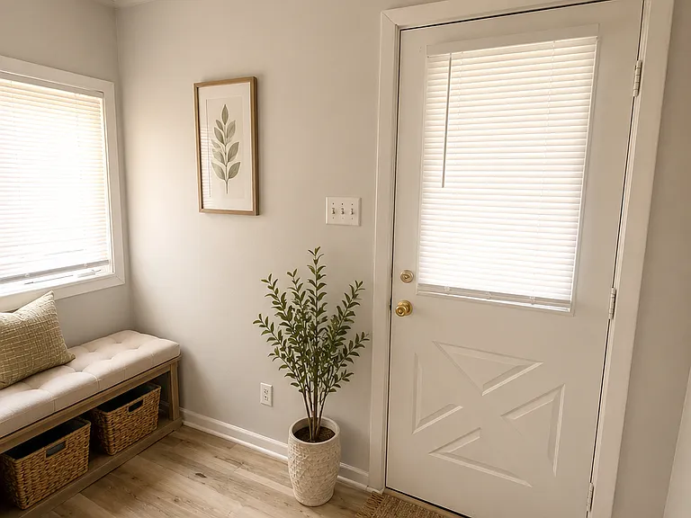Bright sun-filled nook near the front entrance is ideal for a bench, plants or cozy reading chair. Decor for staging purposes only. This is an unfurnished home