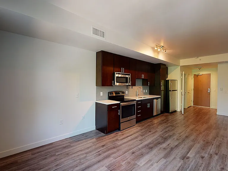 Apartment kitchen with stainless steel appliances, dining and living room with wood-style flooring.