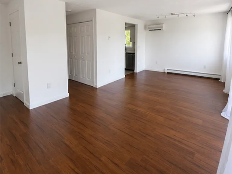 Open concept dining and living area; mini split AC unit