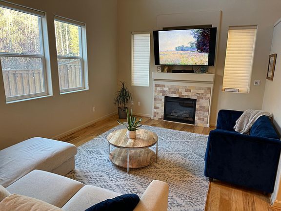 Living room which includes working fireplace and TV mount.