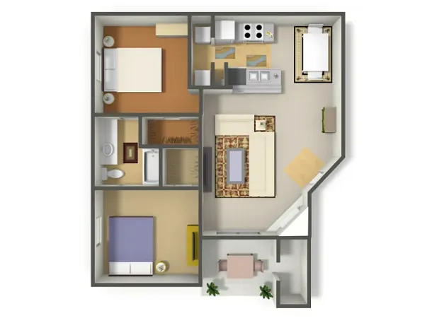 Floor plan 2 Bed, 1 Bath (60% Income Restricted)