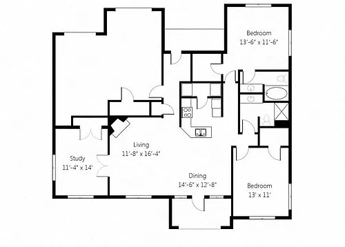 Floor plan Villas D2 2bed 2bath with Patio Study Garage