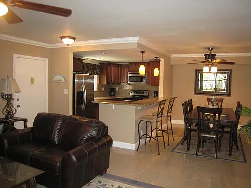 View from living room of kitchen and living room