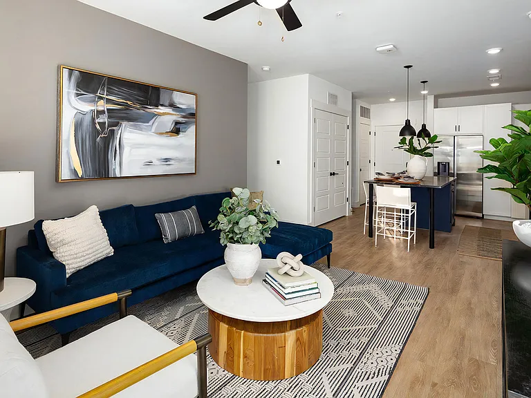 Open-Concept Living Room and Kitchen with Wood-Style Flooring