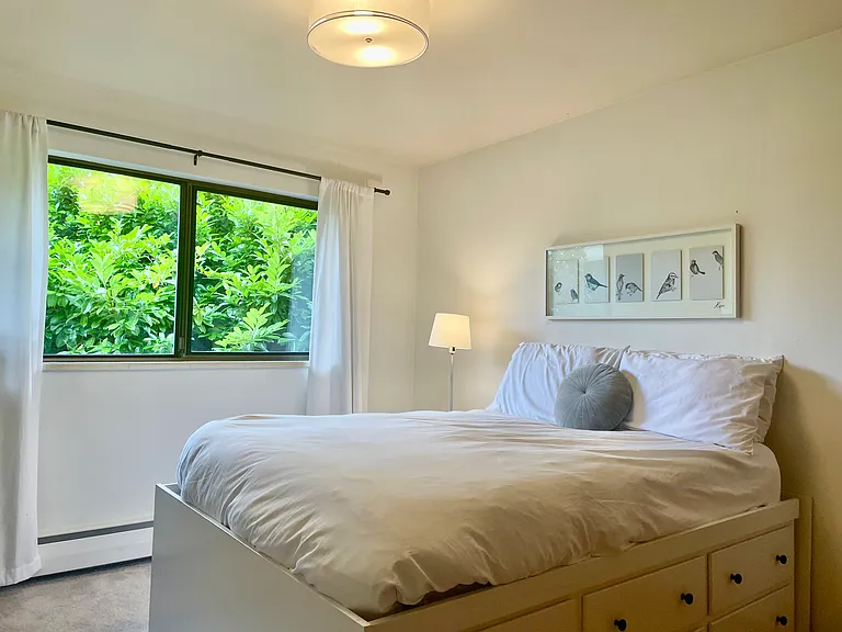 Second bedroom on main-floor with peek-a-boo views of the lake, a full bed, and long closet.