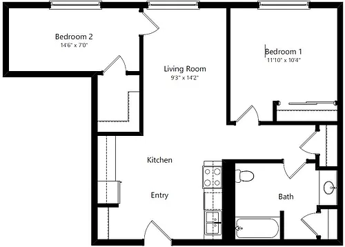 Floor plan Two Bedroom One Bath ADA
