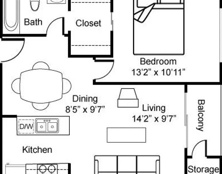 1 Bedroom 1 Bath Floorplan Diagram