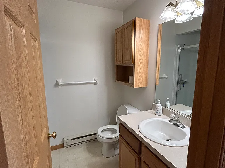 Main upstairs bathroom in hallway with walk in shower